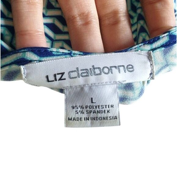 Liz Claiborne Womens Wrap Top L Blue White Geometric Boho Jersey Knit Office - Picture 5 of 6